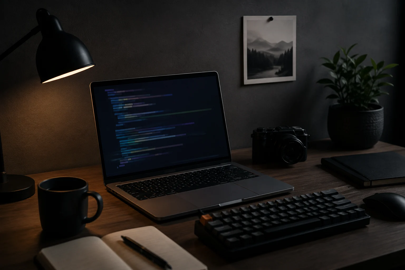 A laptop with a code editor open, a compact keyboard, a camera, and coffee on a warmly lit desk.
